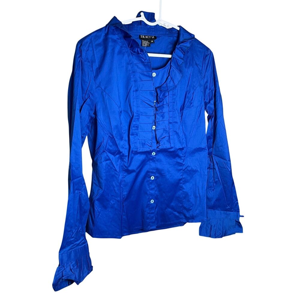 Tracy M Ruffle Blouse Button Up Long Sleeve Cotton Blend Blue Womens Size M NWT